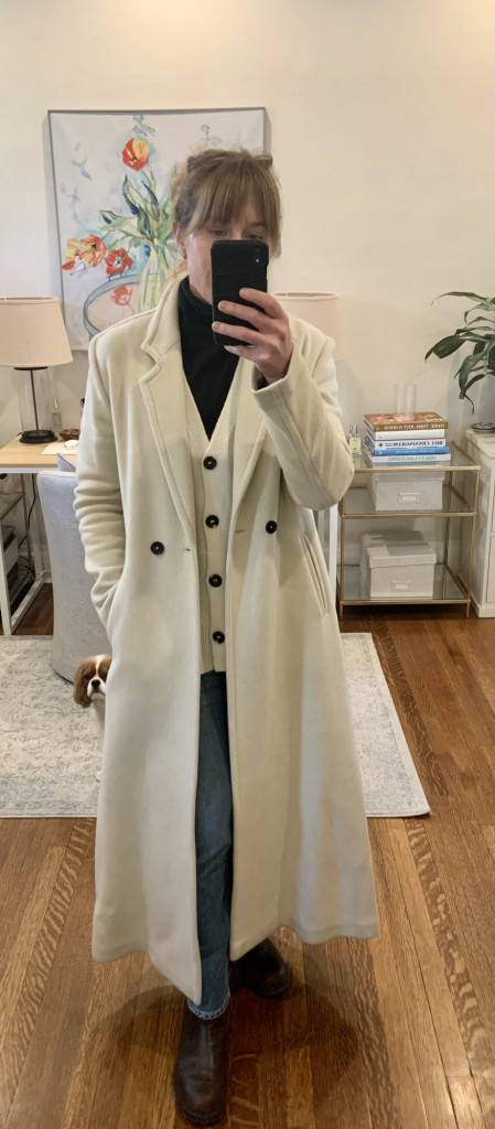 Billy Reid white long wool coat and blundstone Boots 