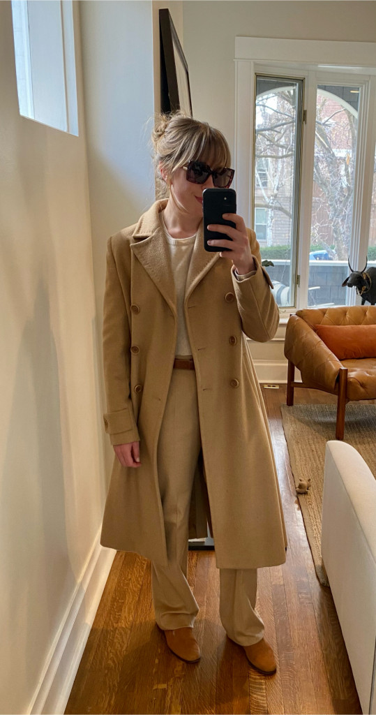 woman wear Max Mara Coat and Max Mara Camel Pants