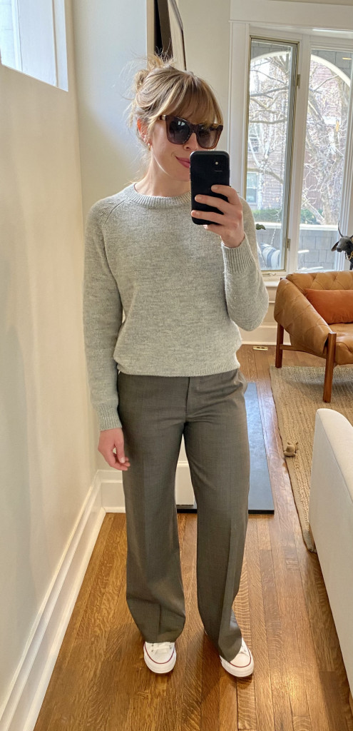 woman wearing Stella McCartney Grey Pants and Nili Lotan Sweater 