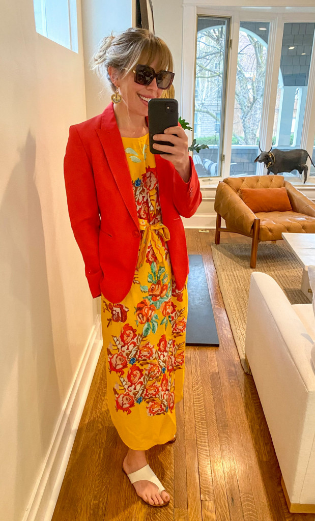 woman wearing Anntian Deep Back Yellow Dress and red blazer for daily look