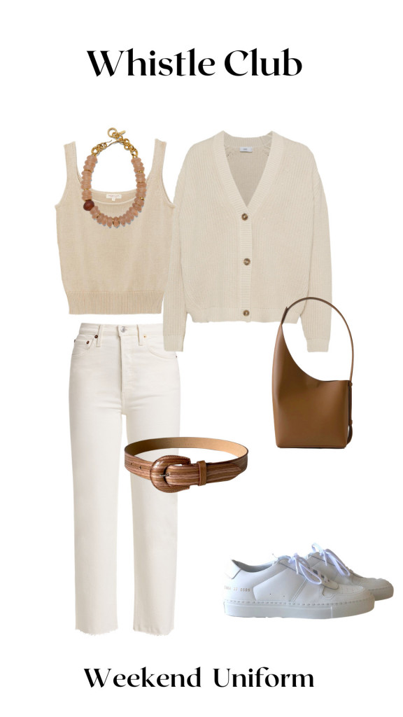 Whistle Club Shopping Edit collage with jeans, cardigan, top, and accessories