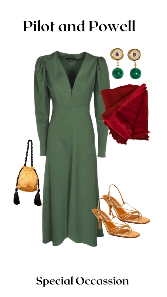 collage of Pilot and Powell Shopping Edit with green dress, red scarf, and accessories