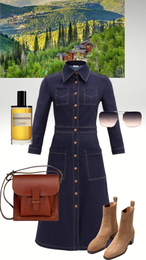collage of dress, bag, and shoes for A Mountain Retreat