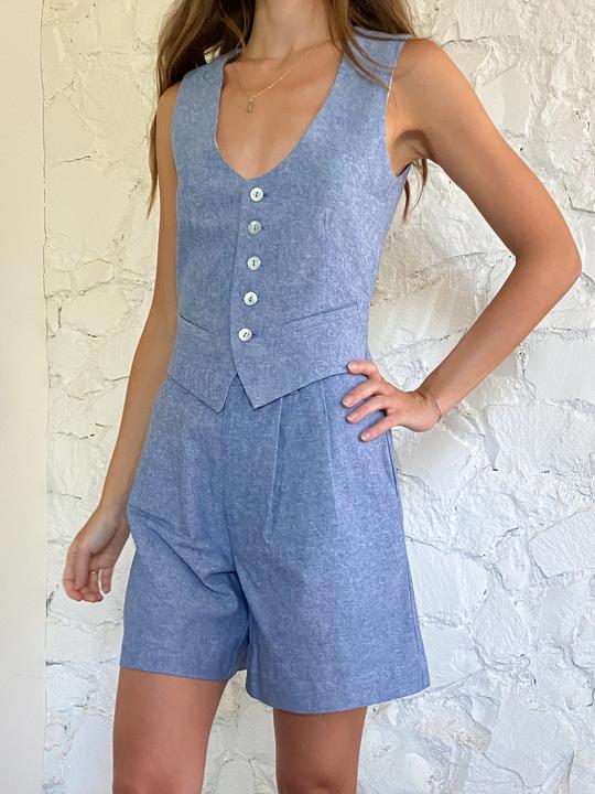 woman wearing Scout Store Chambray Vest and Short