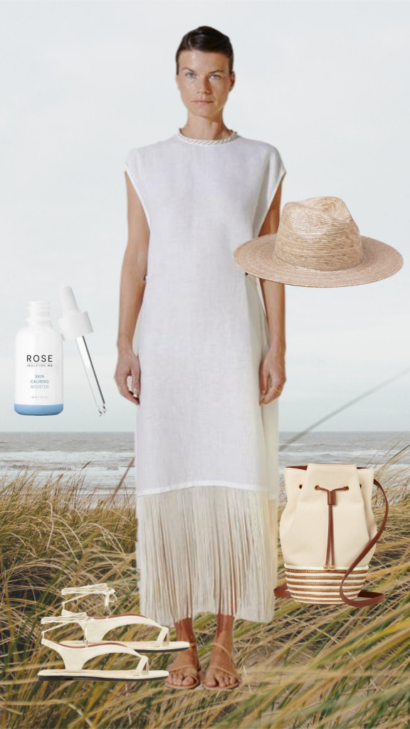 a collage of woman wearing white dress, bag, skin product, and hat for Dressing for the heat