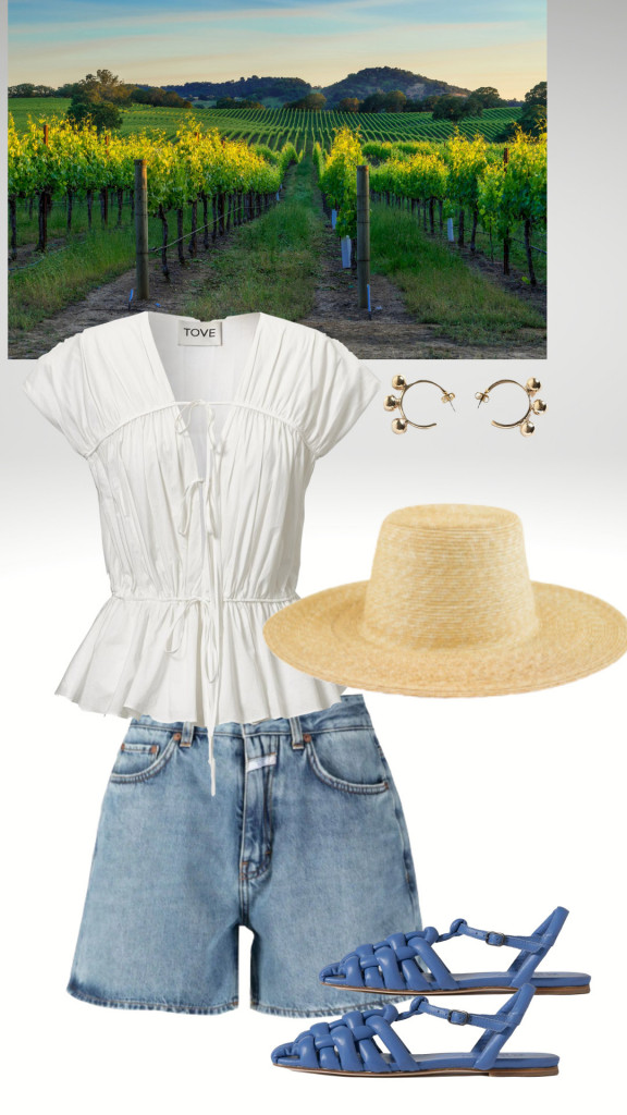 collage of womens clothes and accessories and wine field for Summer Wine Tasting