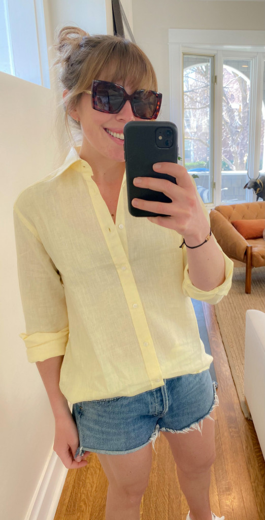 woman wearing With Nothing Underneath yellow linen shirt for My Summer Essentials